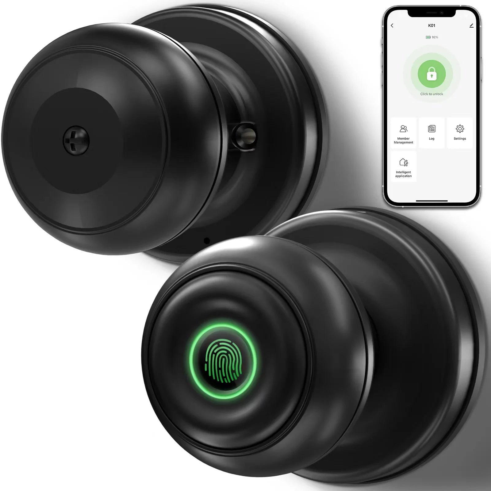 Smart Door Lock, Fingerprint Door Lock Smart Lock Biometric Door Lock Fingerprint Door Knob with App Control, Suitable for Bedrooms,Cloakroom,Apartments Offices,Hotels, Black